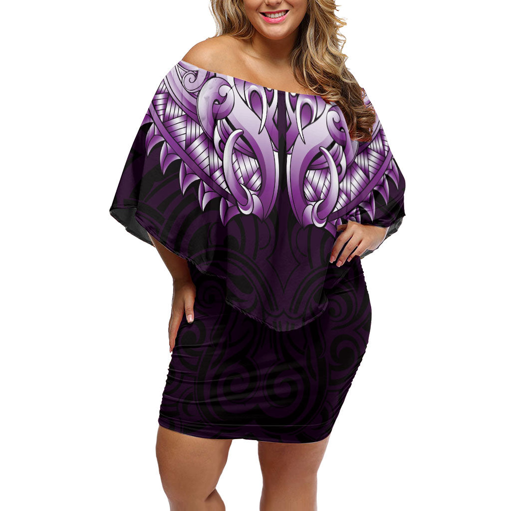 New Zealand Ta Moko Off Shoulder Short Dress Aotearoa Maori Chest Tattoo Purple