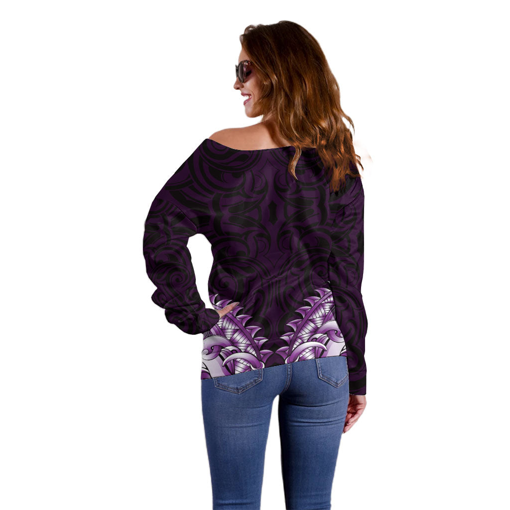 New Zealand Ta Moko Off Shoulder Sweater Aotearoa Maori Chest Tattoo Purple