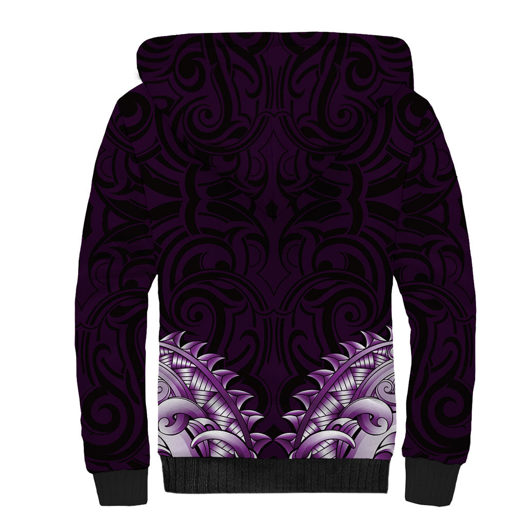 New Zealand Ta Moko Sherpa Hoodie Aotearoa Maori Chest Tattoo Purple