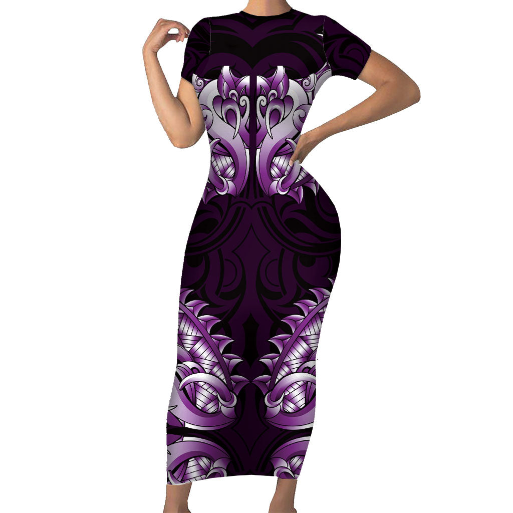 New Zealand Ta Moko Short Sleeve Bodycon Dress Aotearoa Maori Chest Tattoo Purple