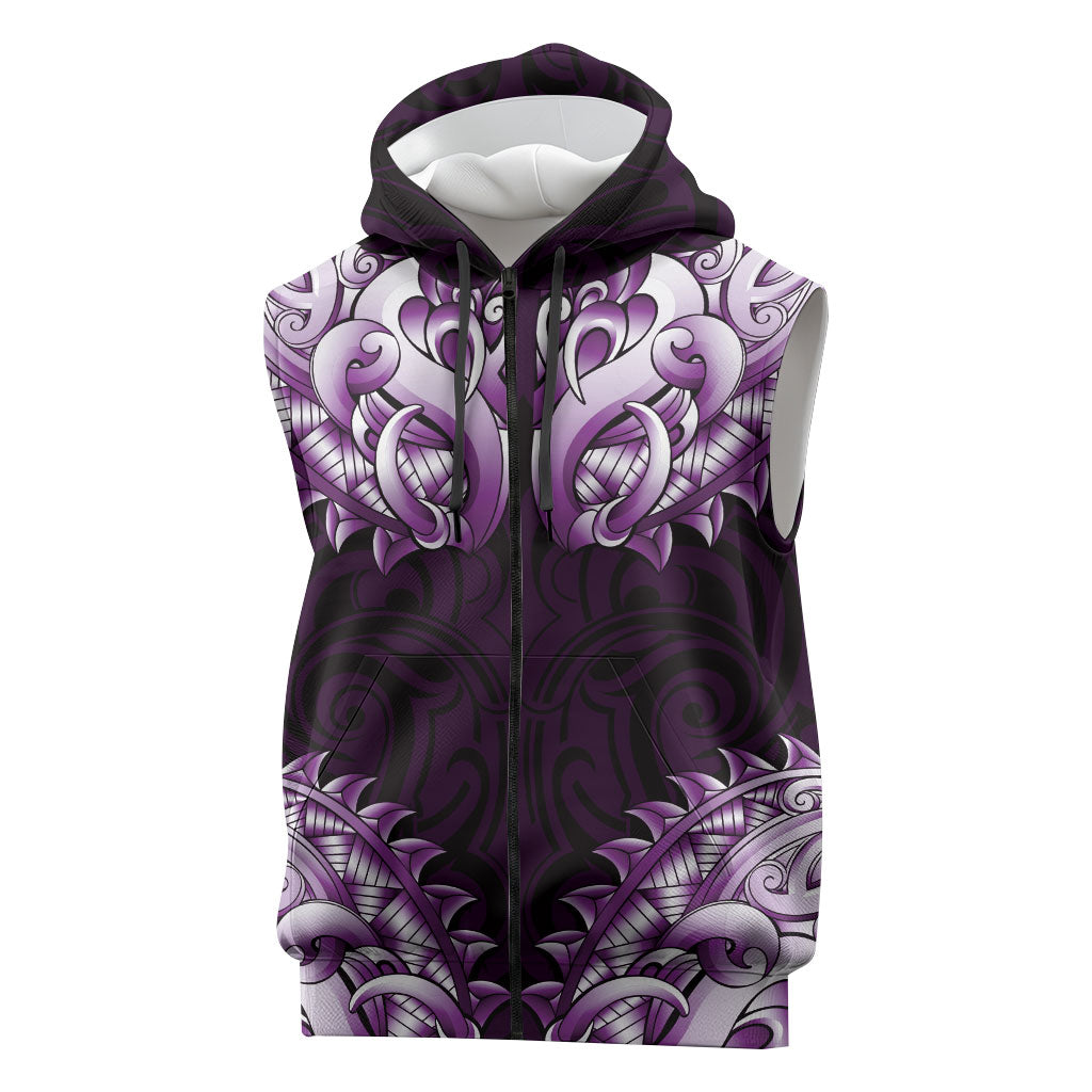 New Zealand Ta Moko Sleeveless Zip Hoodie Aotearoa Maori Chest Tattoo Purple