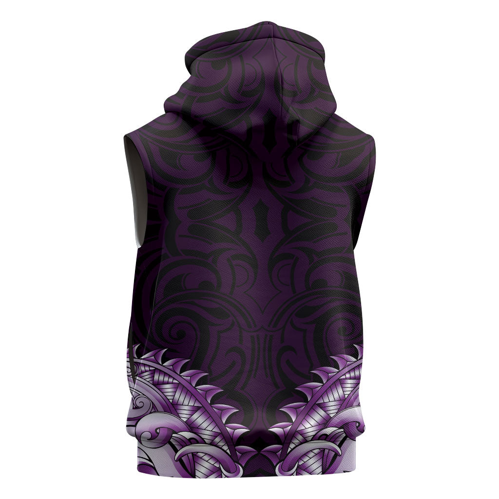 New Zealand Ta Moko Sleeveless Zip Hoodie Aotearoa Maori Chest Tattoo Purple