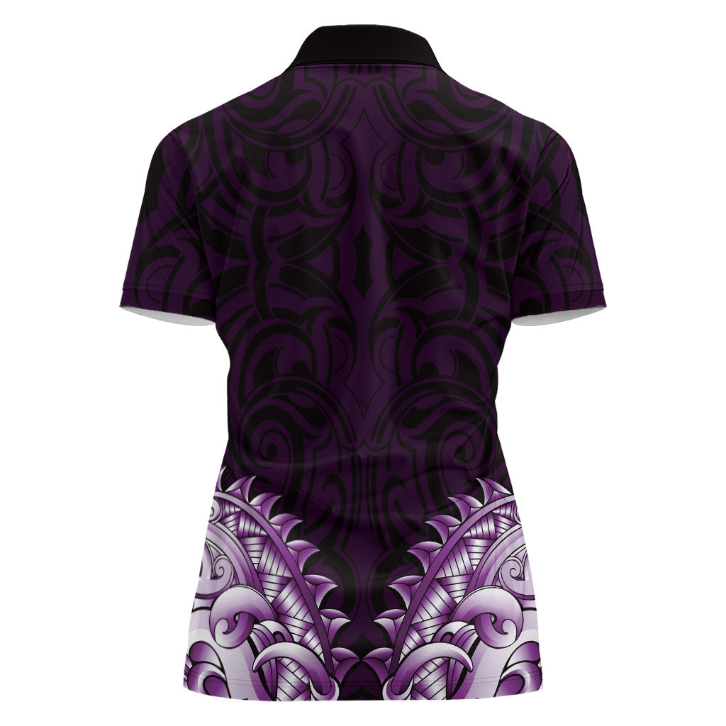 New Zealand Ta Moko Women Polo Shirt Aotearoa Maori Chest Tattoo Purple