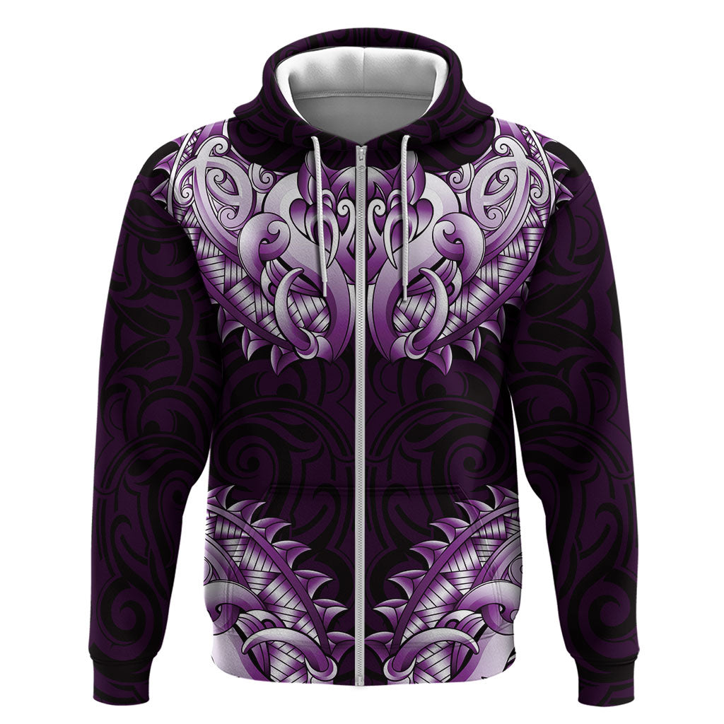 New Zealand Ta Moko Zip Hoodie Aotearoa Maori Chest Tattoo Purple