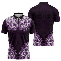 New Zealand Ta Moko Zipper Polo Shirt Aotearoa Maori Chest Tattoo Purple