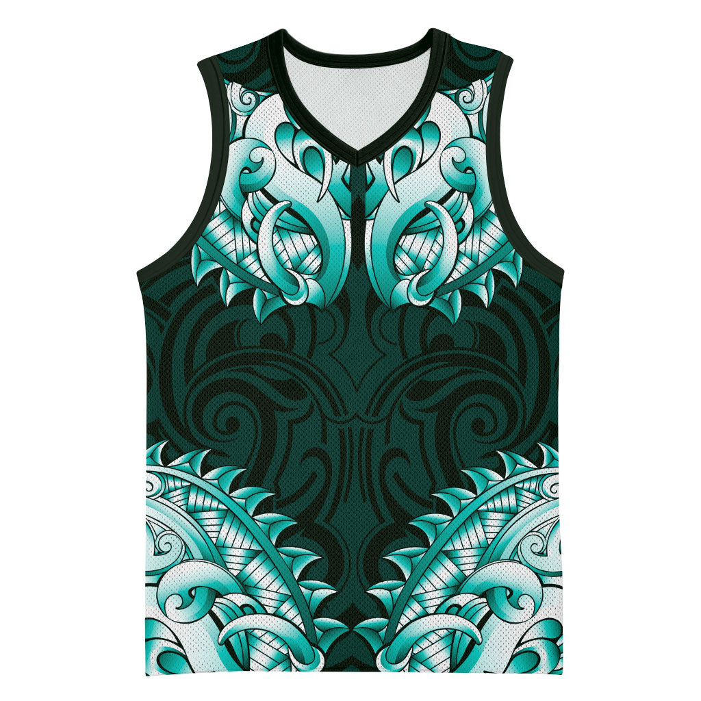 New Zealand Ta Moko Basketball Jersey Aotearoa Maori Chest Tattoo Turquoise