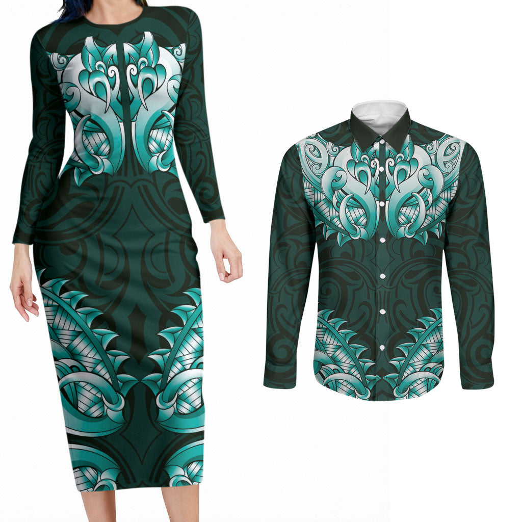 New Zealand Ta Moko Couples Matching Long Sleeve Bodycon Dress and Long Sleeve Button Shirt Aotearoa Maori Chest Tattoo Turquoise