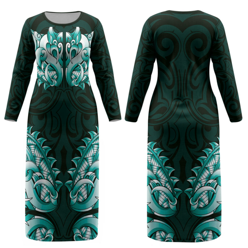 New Zealand Ta Moko Couples Matching Long Sleeve Bodycon Dress and Long Sleeve Button Shirt Aotearoa Maori Chest Tattoo Turquoise