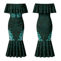 New Zealand Ta Moko Couples Matching Mermaid Dress and Hawaiian Shirt Aotearoa Maori Chest Tattoo Turquoise