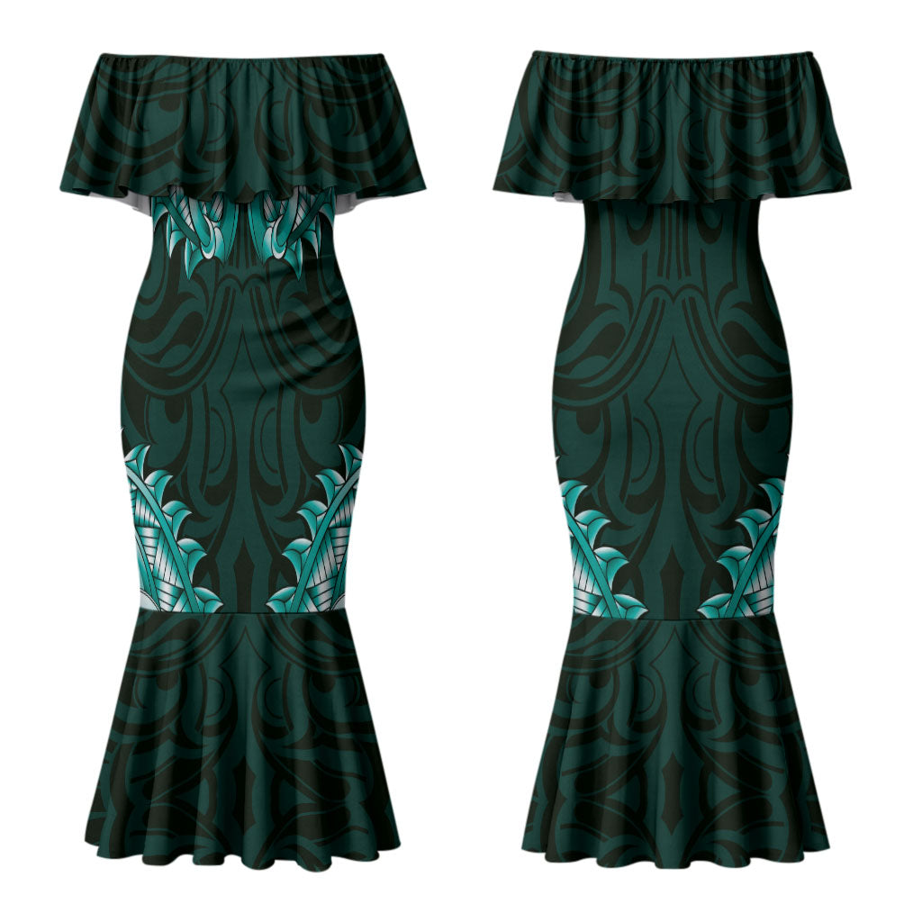 New Zealand Ta Moko Couples Matching Mermaid Dress and Long Sleeve Button Shirt Aotearoa Maori Chest Tattoo Turquoise