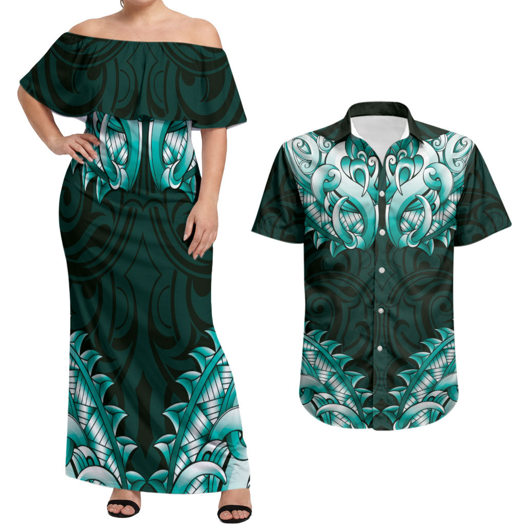 New Zealand Ta Moko Couples Matching Off Shoulder Maxi Dress and Hawaiian Shirt Aotearoa Maori Chest Tattoo Turquoise