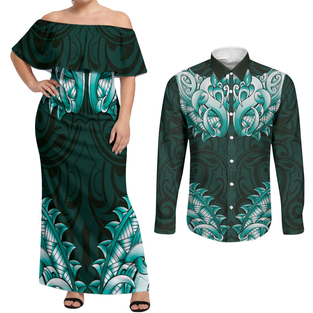 New Zealand Ta Moko Couples Matching Off Shoulder Maxi Dress and Long Sleeve Button Shirt Aotearoa Maori Chest Tattoo Turquoise