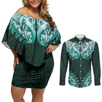 New Zealand Ta Moko Couples Matching Off Shoulder Short Dress and Long Sleeve Button Shirt Aotearoa Maori Chest Tattoo Turquoise