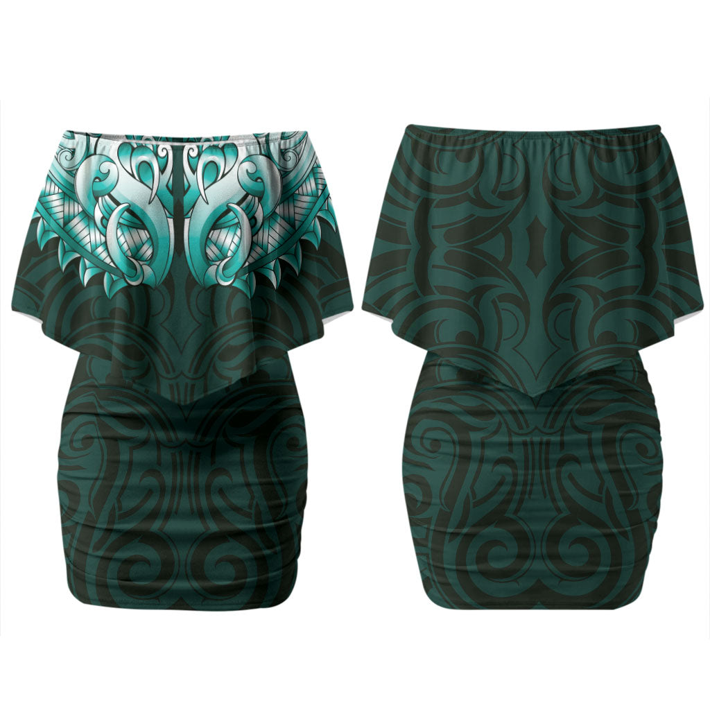 New Zealand Ta Moko Couples Matching Off Shoulder Short Dress and Long Sleeve Button Shirt Aotearoa Maori Chest Tattoo Turquoise