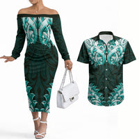 New Zealand Ta Moko Couples Matching Off The Shoulder Long Sleeve Dress and Hawaiian Shirt Aotearoa Maori Chest Tattoo Turquoise
