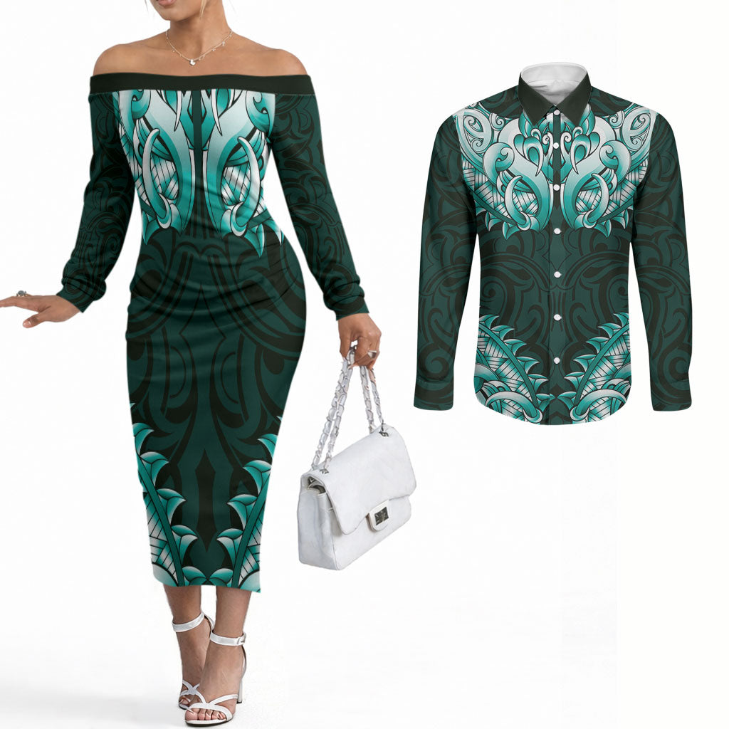 New Zealand Ta Moko Couples Matching Off The Shoulder Long Sleeve Dress and Long Sleeve Button Shirt Aotearoa Maori Chest Tattoo Turquoise