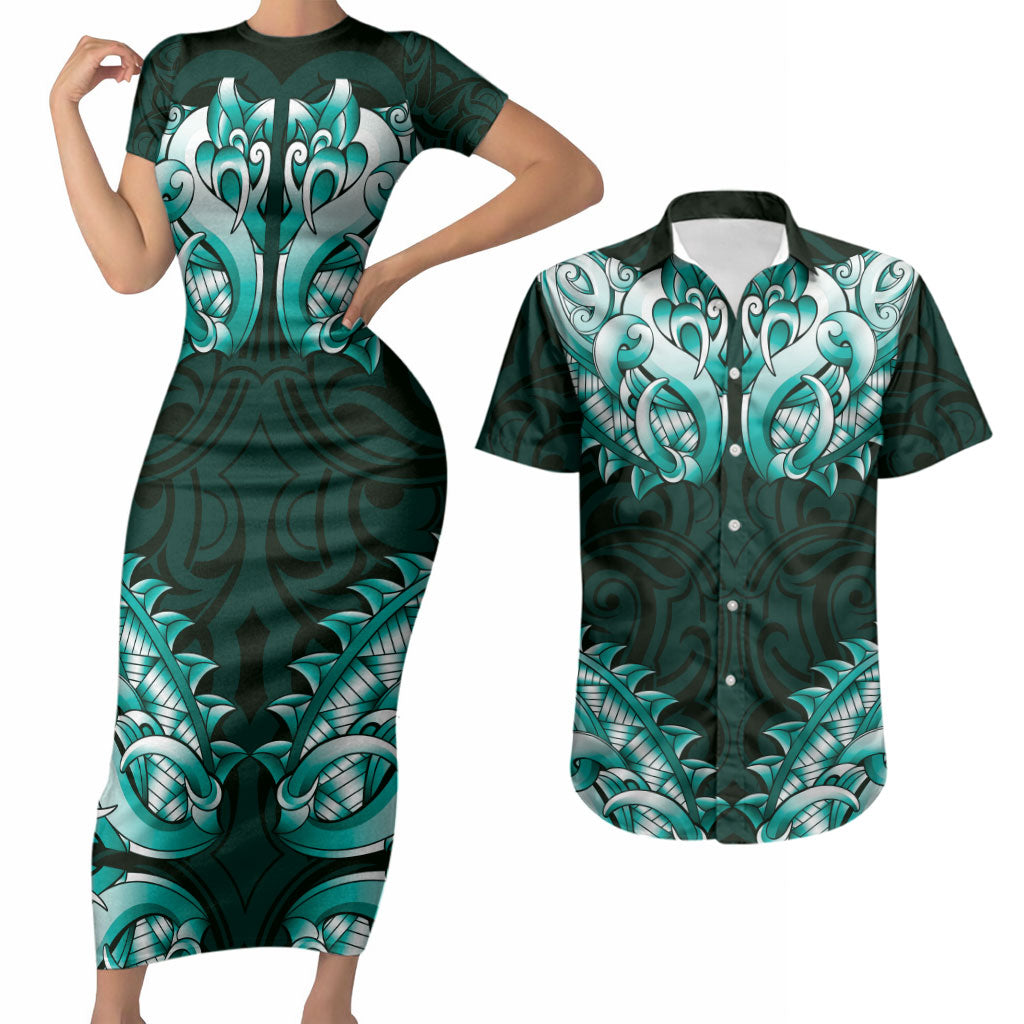 New Zealand Ta Moko Couples Matching Short Sleeve Bodycon Dress and Hawaiian Shirt Aotearoa Maori Chest Tattoo Turquoise