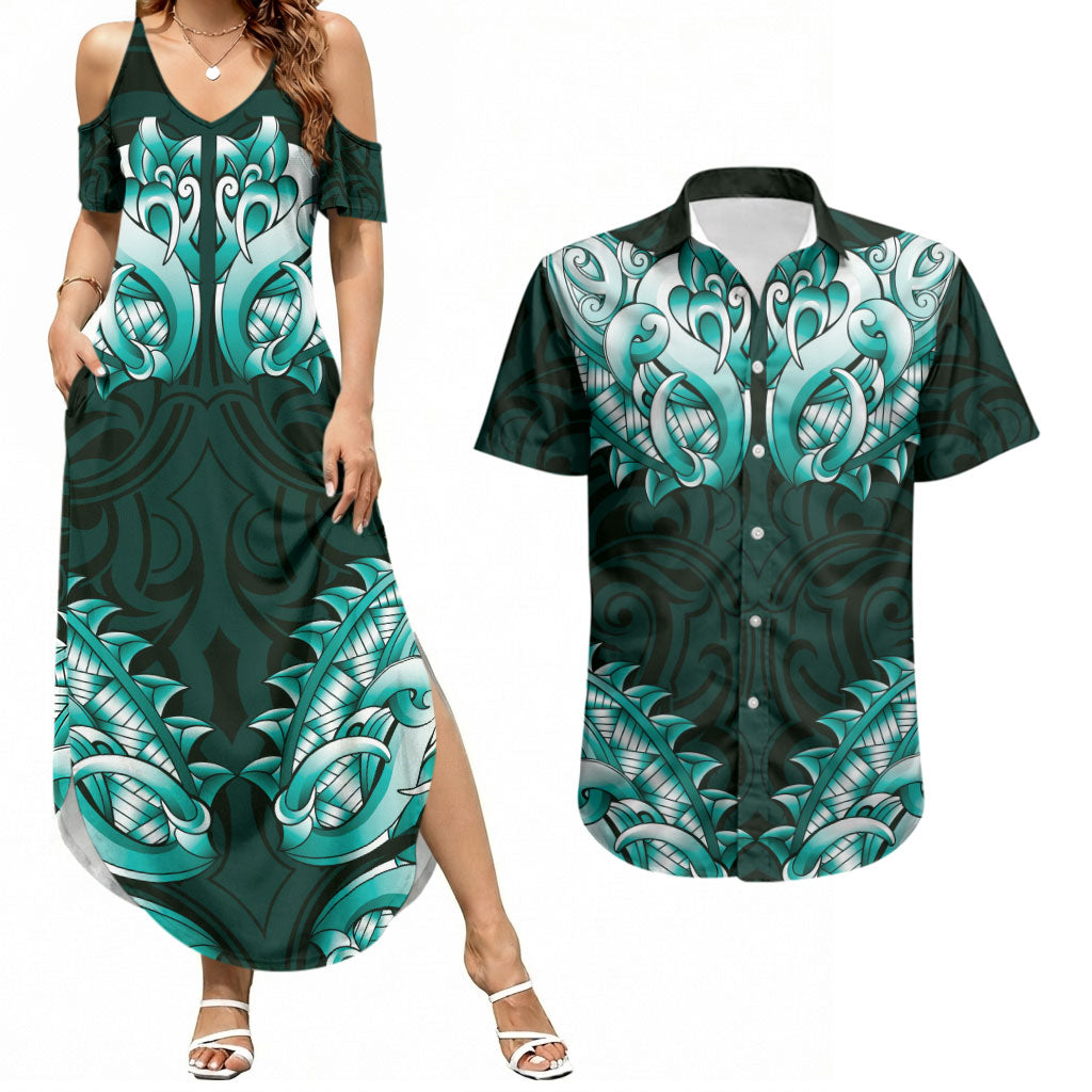 New Zealand Ta Moko Couples Matching Summer Maxi Dress and Hawaiian Shirt Aotearoa Maori Chest Tattoo Turquoise