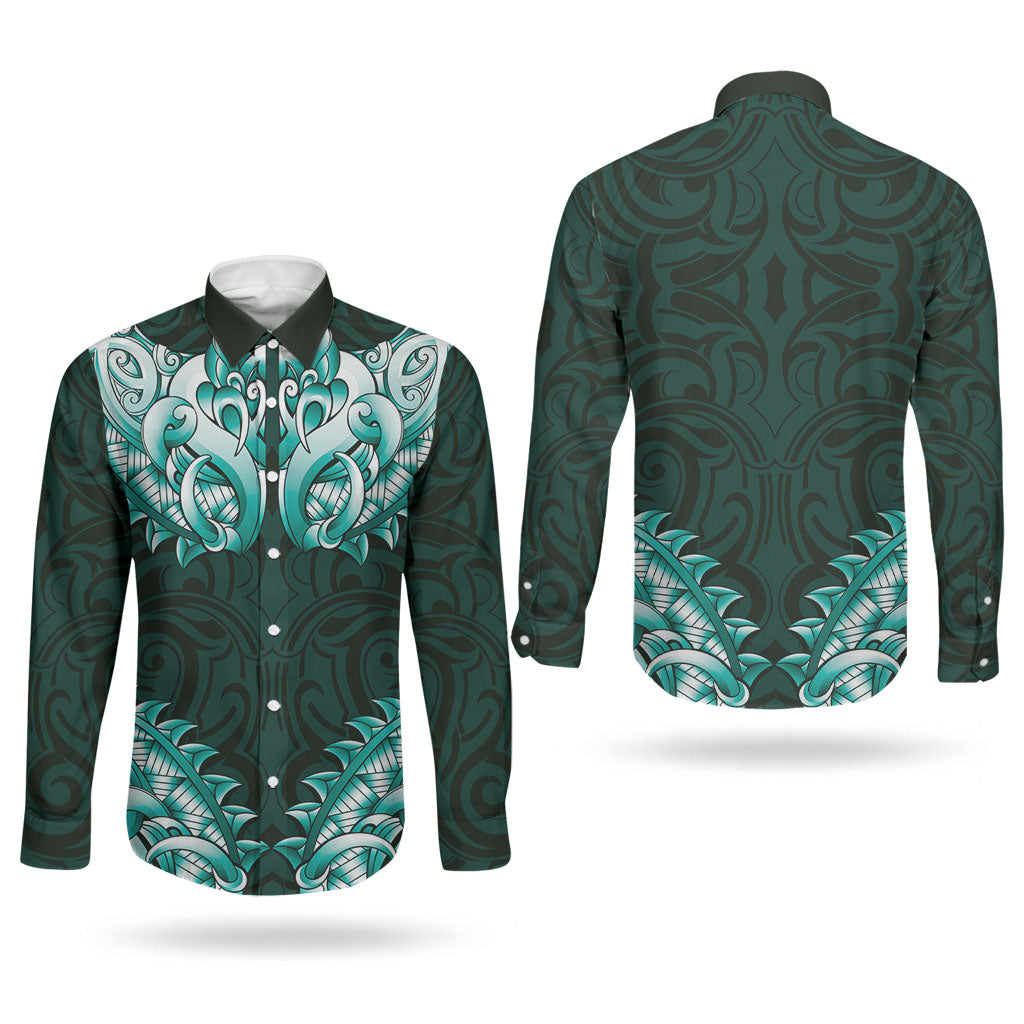 New Zealand Ta Moko Couples Matching Tank Maxi Dress and Long Sleeve Button Shirt Aotearoa Maori Chest Tattoo Turquoise