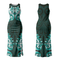 New Zealand Ta Moko Couples Matching Tank Maxi Dress and Long Sleeve Button Shirt Aotearoa Maori Chest Tattoo Turquoise