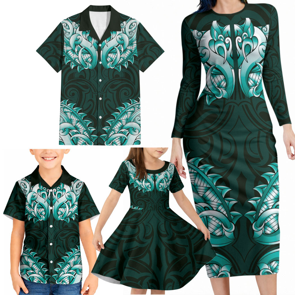 New Zealand Ta Moko Family Matching Long Sleeve Bodycon Dress and Hawaiian Shirt Aotearoa Maori Chest Tattoo Turquoise