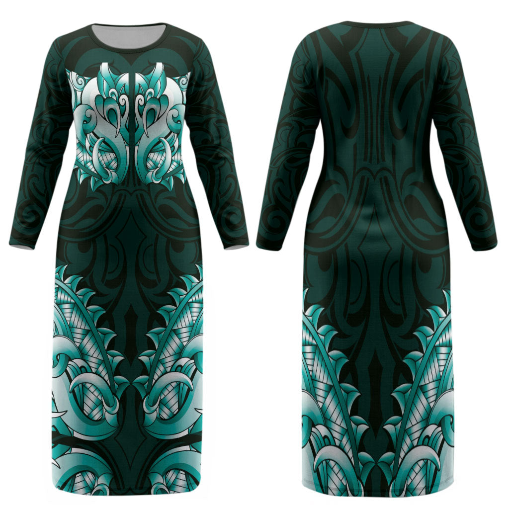 New Zealand Ta Moko Family Matching Long Sleeve Bodycon Dress and Hawaiian Shirt Aotearoa Maori Chest Tattoo Turquoise