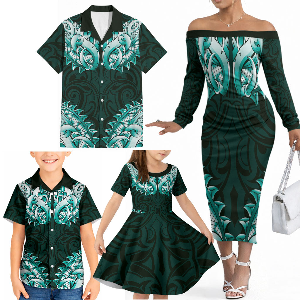 New Zealand Ta Moko Family Matching Off The Shoulder Long Sleeve Dress and Hawaiian Shirt Aotearoa Maori Chest Tattoo Turquoise