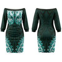 New Zealand Ta Moko Family Matching Off The Shoulder Long Sleeve Dress and Hawaiian Shirt Aotearoa Maori Chest Tattoo Turquoise