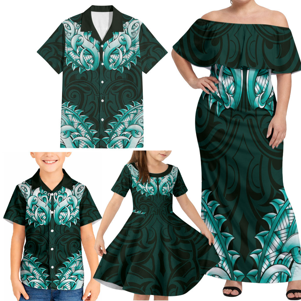 New Zealand Ta Moko Family Matching Off Shoulder Maxi Dress and Hawaiian Shirt Aotearoa Maori Chest Tattoo Turquoise