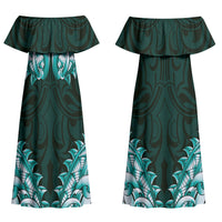 New Zealand Ta Moko Family Matching Off Shoulder Maxi Dress and Hawaiian Shirt Aotearoa Maori Chest Tattoo Turquoise
