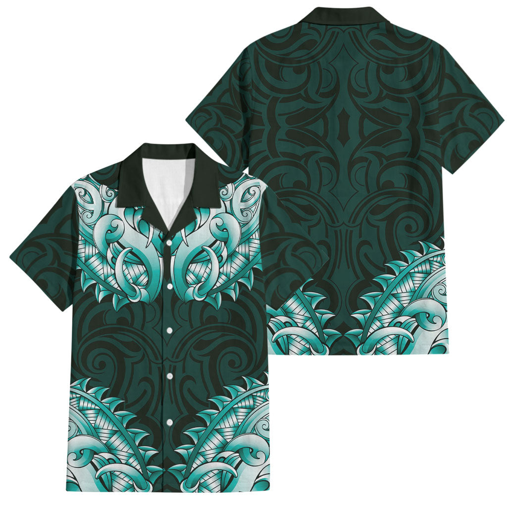 New Zealand Ta Moko Family Matching Off Shoulder Maxi Dress and Hawaiian Shirt Aotearoa Maori Chest Tattoo Turquoise