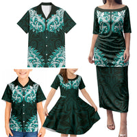 New Zealand Ta Moko Family Matching Puletasi and Hawaiian Shirt Aotearoa Maori Chest Tattoo Turquoise
