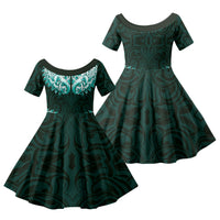 New Zealand Ta Moko Family Matching Short Sleeve Bodycon Dress and Hawaiian Shirt Aotearoa Maori Chest Tattoo Turquoise