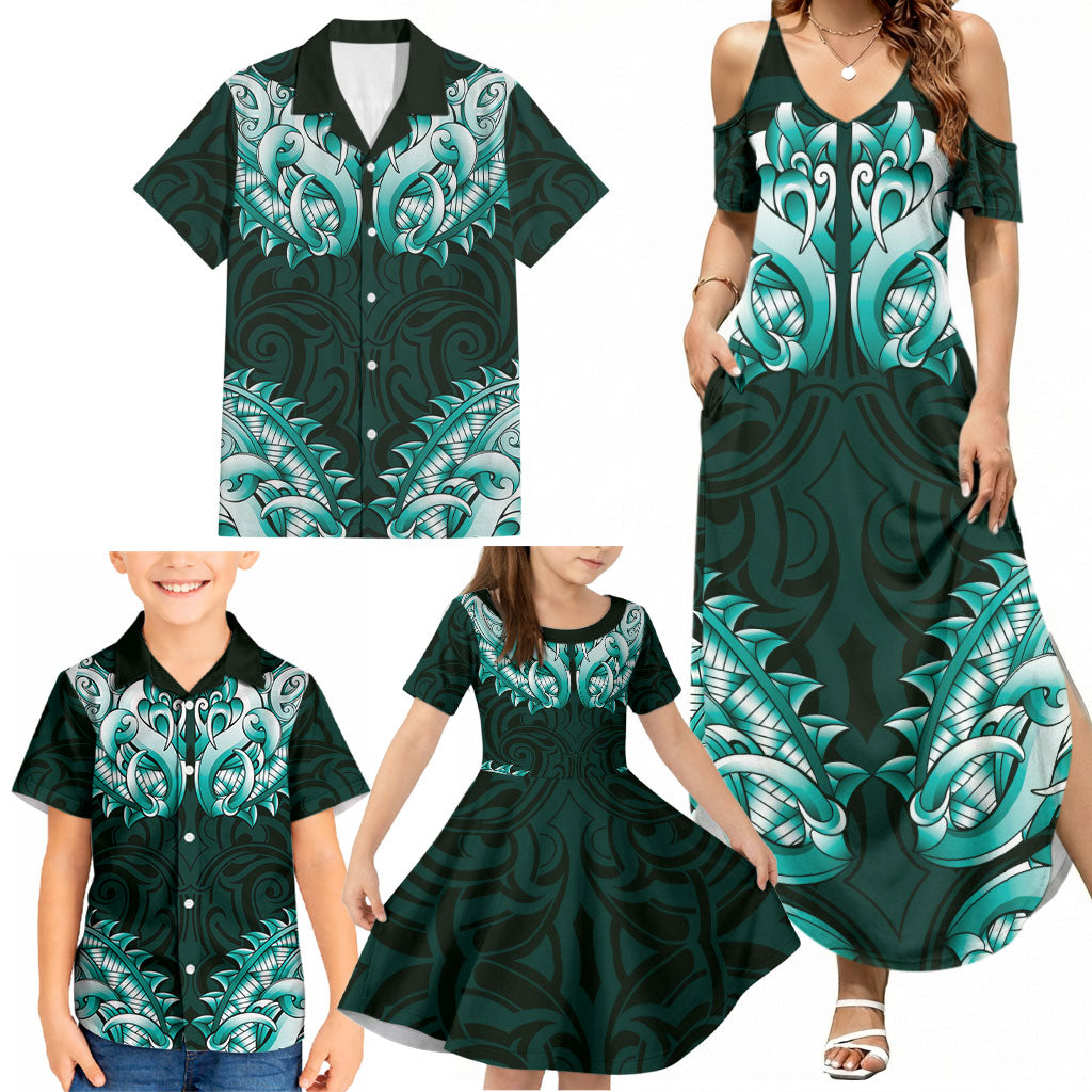 New Zealand Ta Moko Family Matching Summer Maxi Dress and Hawaiian Shirt Aotearoa Maori Chest Tattoo Turquoise