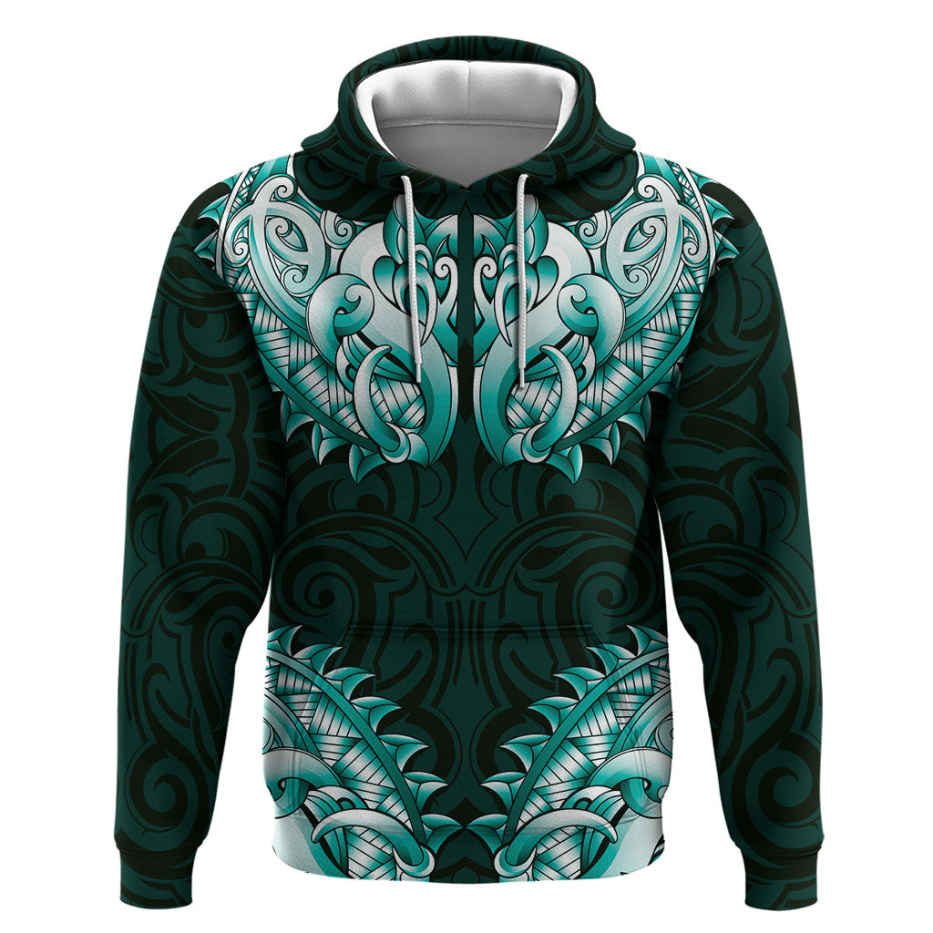 New Zealand Ta Moko Hoodie Aotearoa Maori Chest Tattoo Turquoise