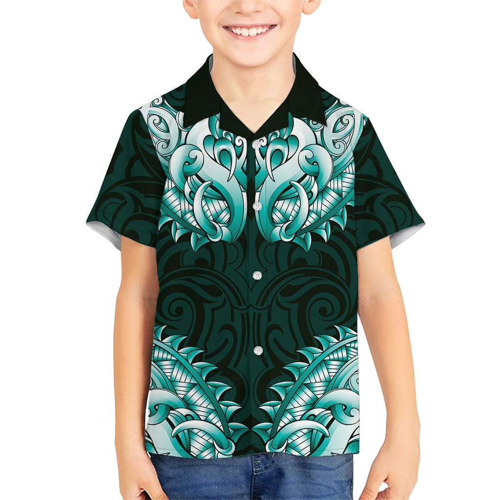 New Zealand Ta Moko Kid Hawaiian Shirt Aotearoa Maori Chest Tattoo Turquoise