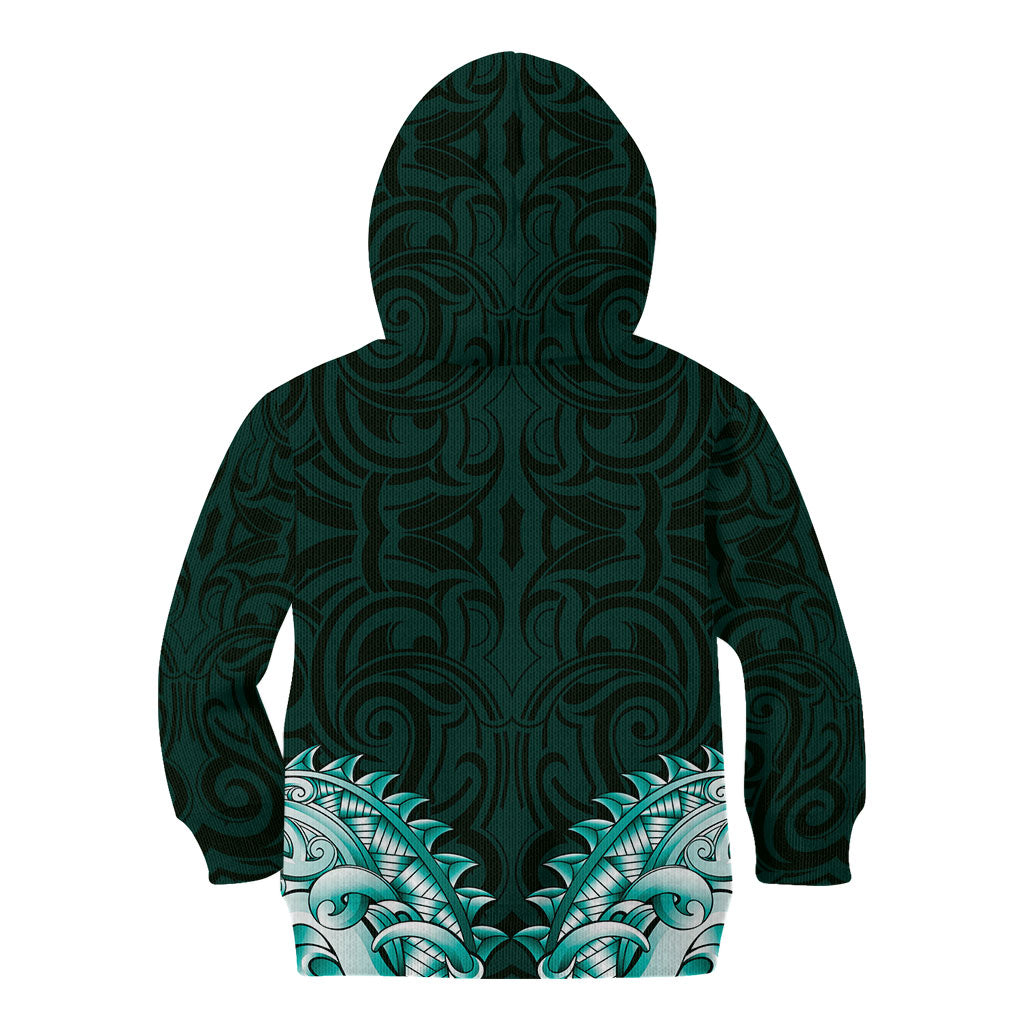 New Zealand Ta Moko Kid Hoodie Aotearoa Maori Chest Tattoo Turquoise