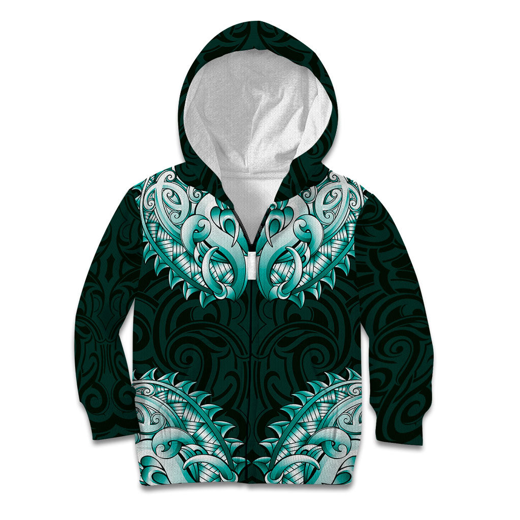 New Zealand Ta Moko Kid Hoodie Aotearoa Maori Chest Tattoo Turquoise