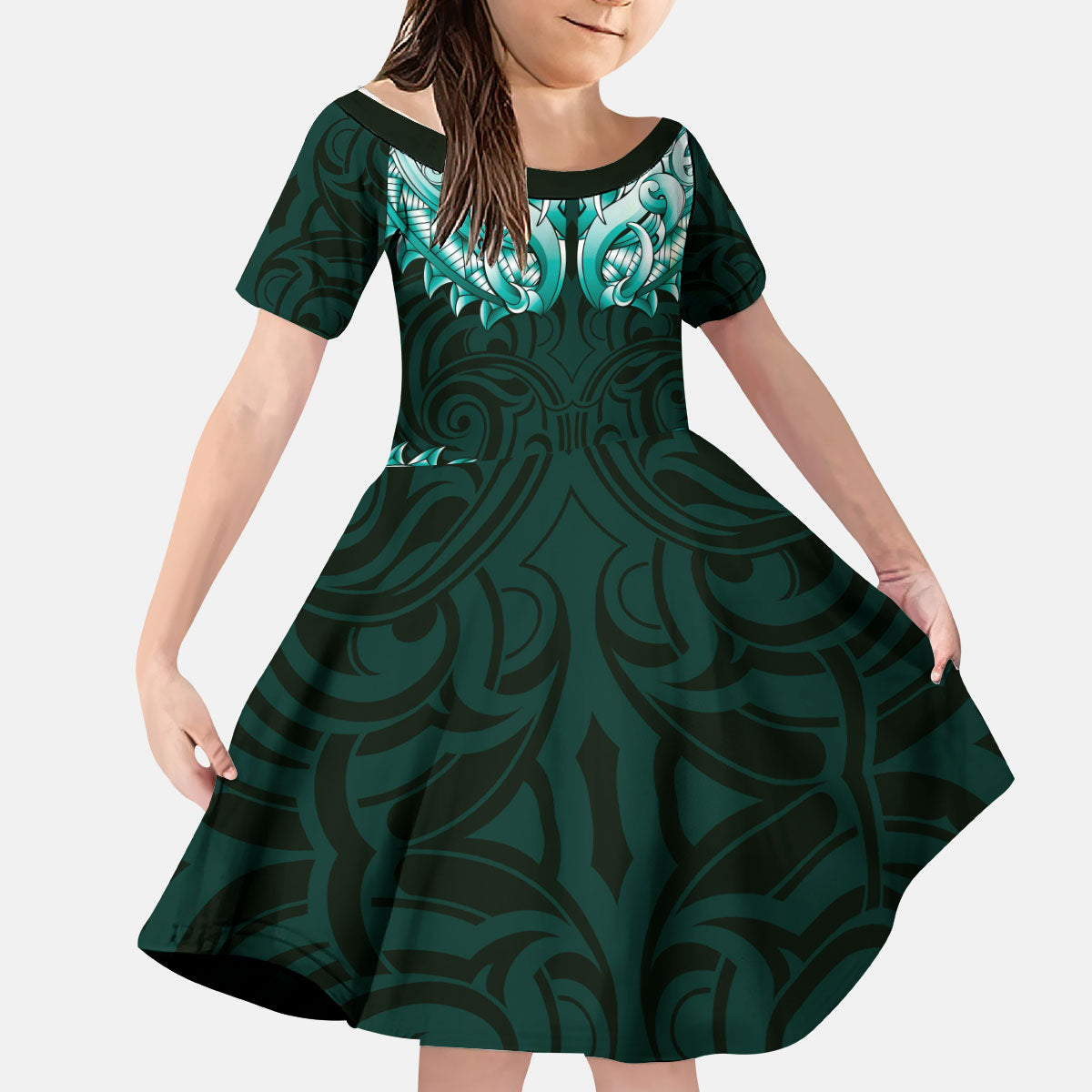 New Zealand Ta Moko Kid Short Sleeve Dress Aotearoa Maori Chest Tattoo Turquoise