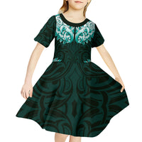 New Zealand Ta Moko Kid Short Sleeve Dress Aotearoa Maori Chest Tattoo Turquoise
