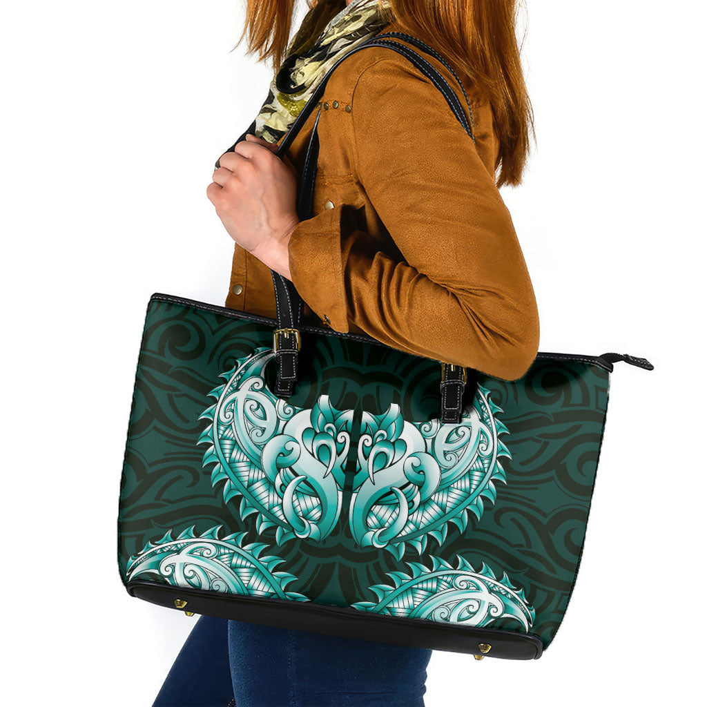 New Zealand Ta Moko Leather Tote Bag Aotearoa Maori Chest Tattoo Turquoise