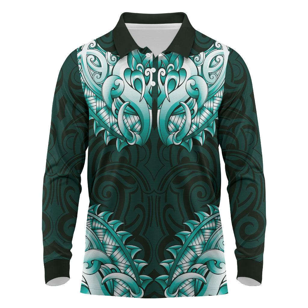 New Zealand Ta Moko Long Sleeve Polo Shirt Aotearoa Maori Chest Tattoo Turquoise