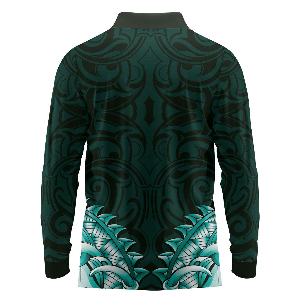 New Zealand Ta Moko Long Sleeve Polo Shirt Aotearoa Maori Chest Tattoo Turquoise