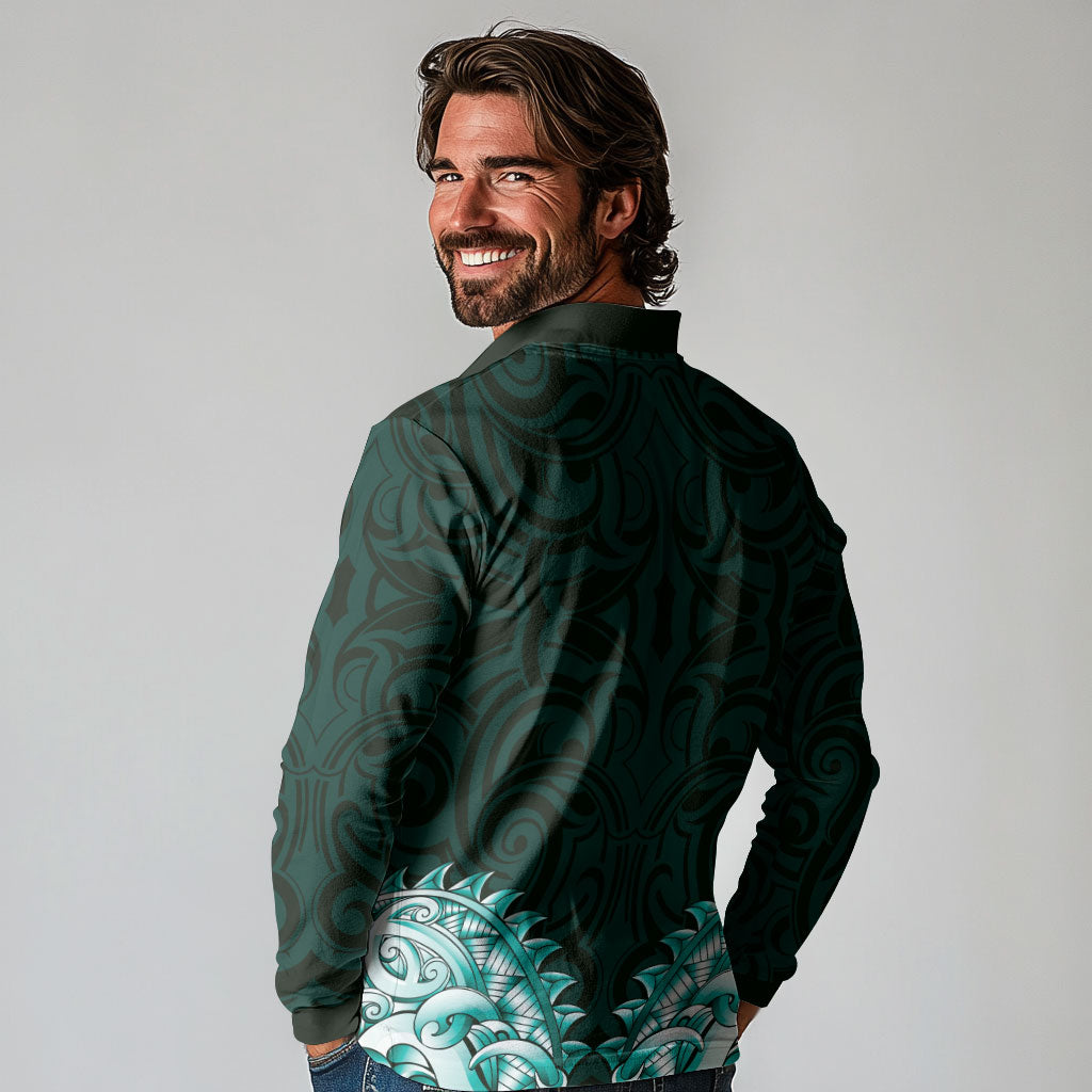 New Zealand Ta Moko Long Sleeve Polo Shirt Aotearoa Maori Chest Tattoo Turquoise