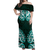 New Zealand Ta Moko Off Shoulder Maxi Dress Aotearoa Maori Chest Tattoo Turquoise