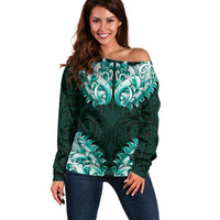 New Zealand Ta Moko Off Shoulder Sweater Aotearoa Maori Chest Tattoo Turquoise