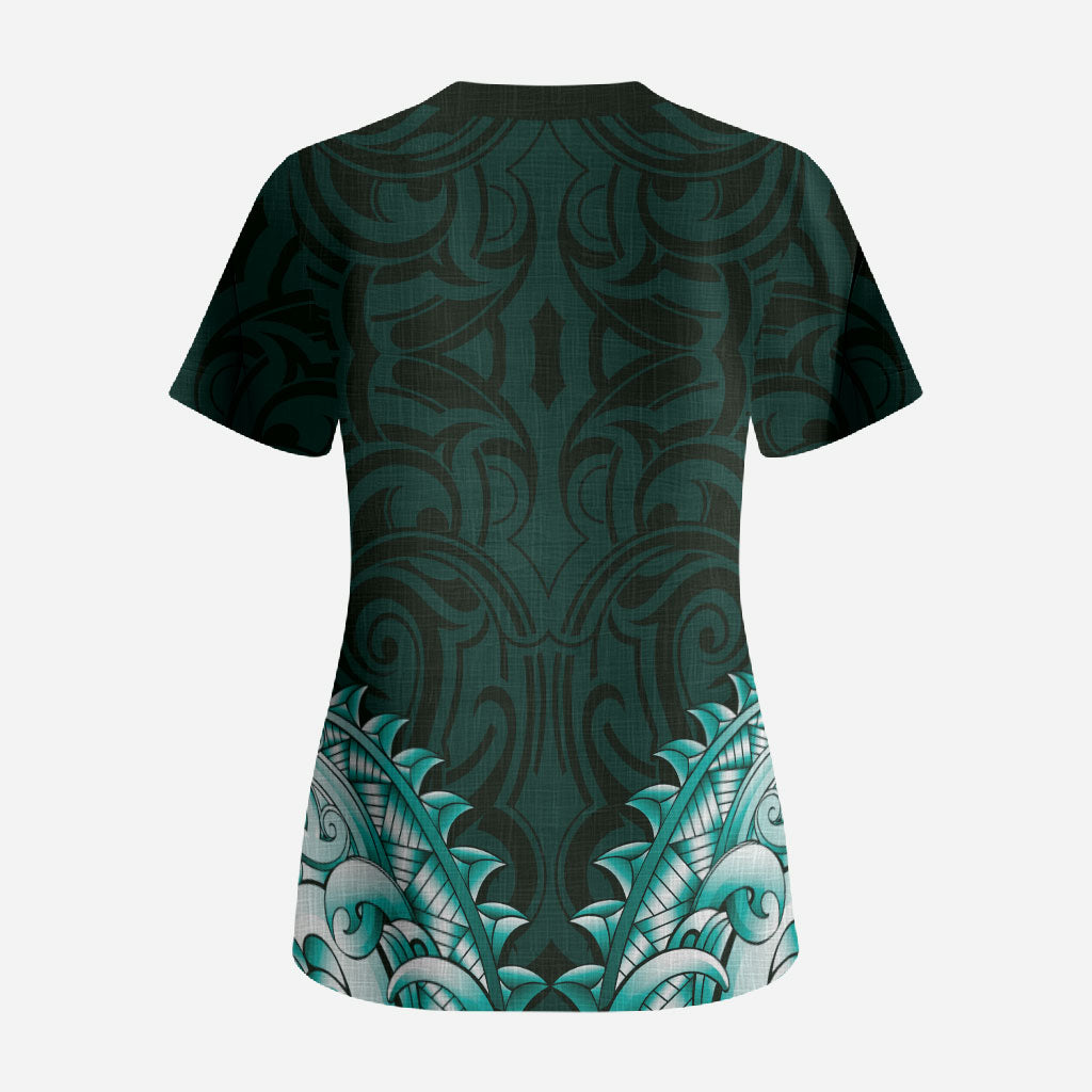 New Zealand Ta Moko Scrub Top Aotearoa Maori Chest Tattoo Turquoise