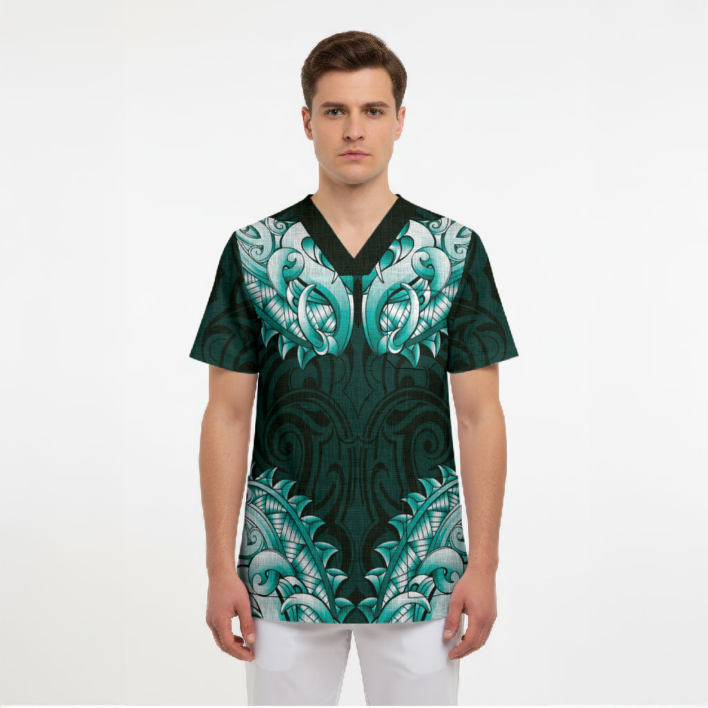 New Zealand Ta Moko Scrub Top Aotearoa Maori Chest Tattoo Turquoise