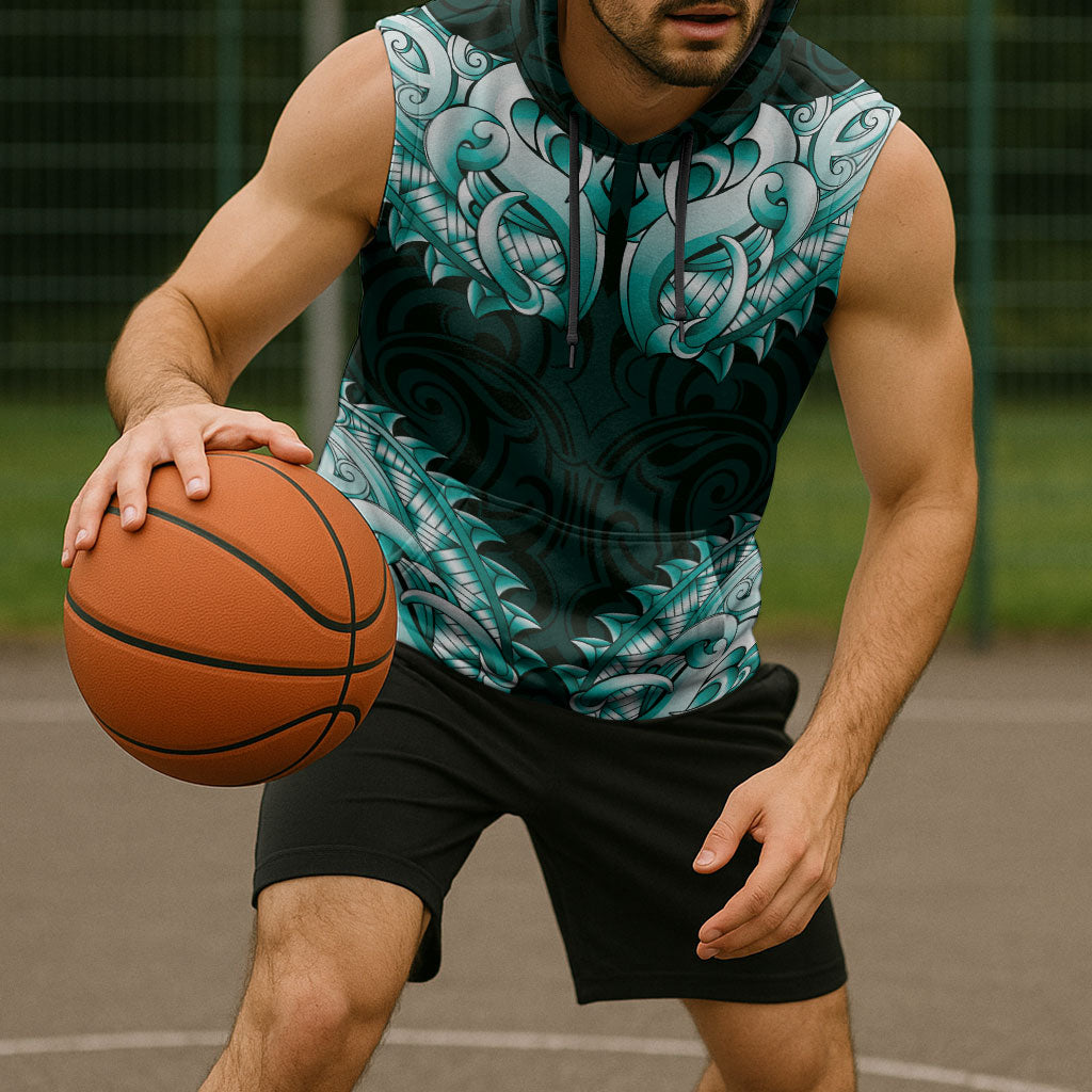 New Zealand Ta Moko Sleeveless Hoodie Aotearoa Maori Chest Tattoo Turquoise