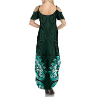 New Zealand Ta Moko Summer Maxi Dress Aotearoa Maori Chest Tattoo Turquoise
